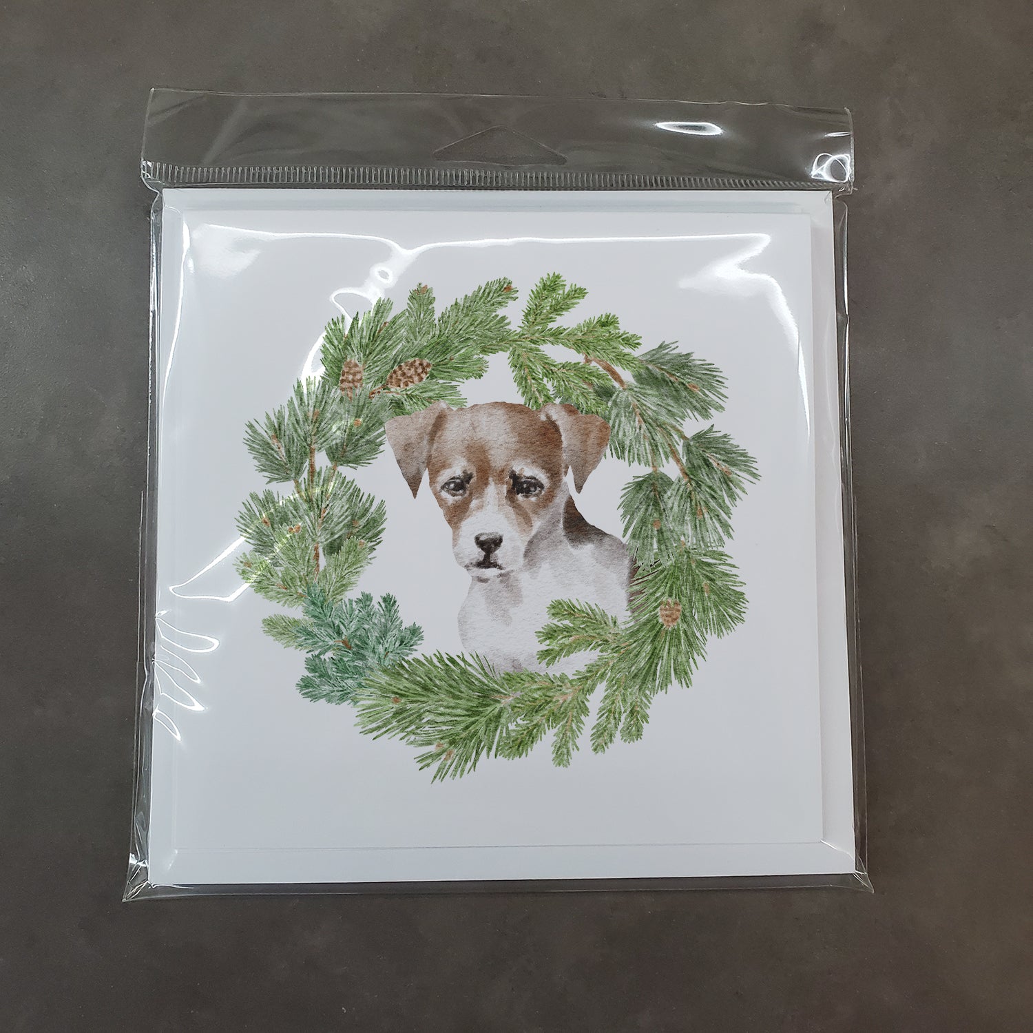 Jack Russell Terrier Puppy Tricolor with Christmas Wreath Square Greeting Cards and Envelopes Pack of 8 - the-store.com