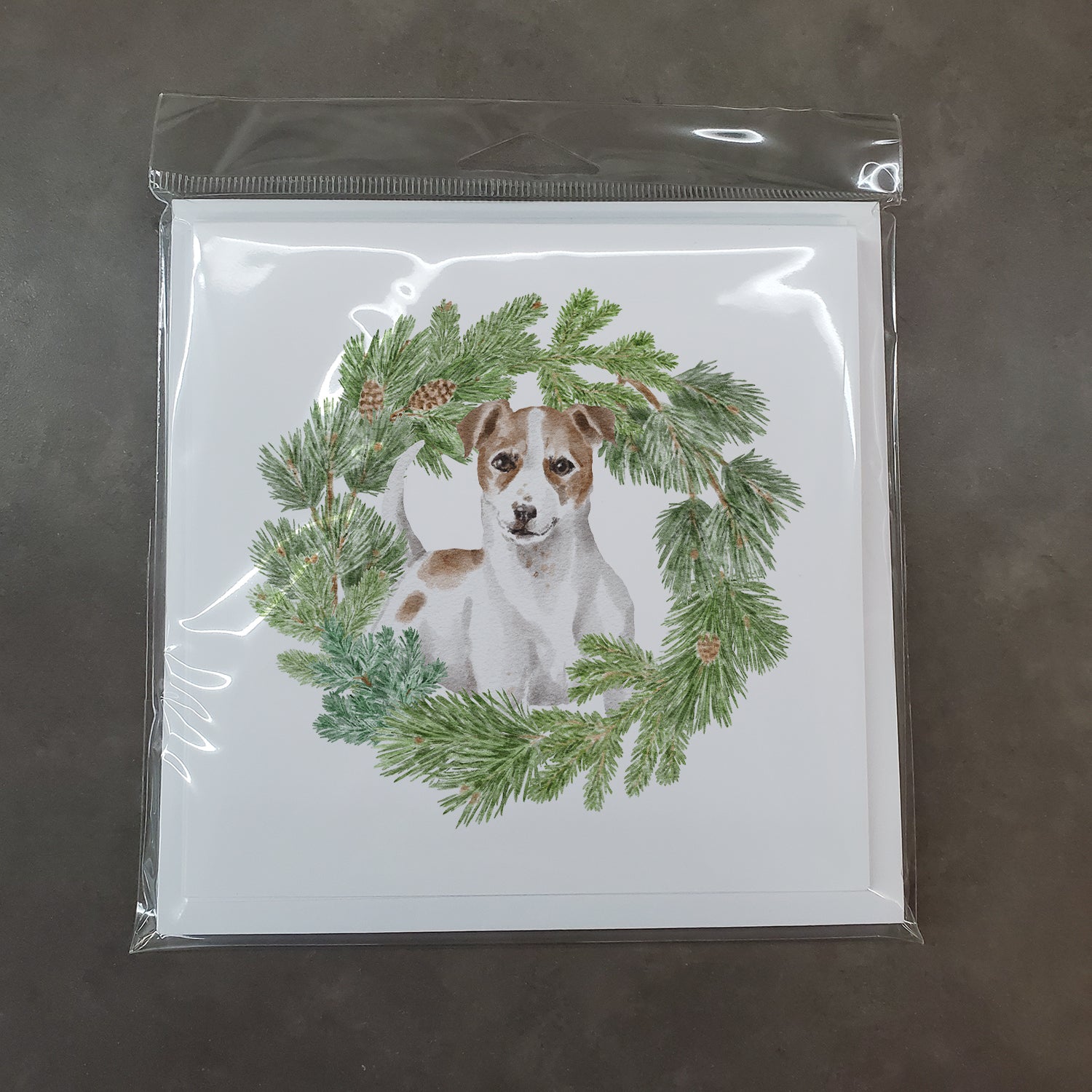 Jack Russell Terrier Chestnut and White with Christmas Wreath Square Greeting Cards and Envelopes Pack of 8 - the-store.com