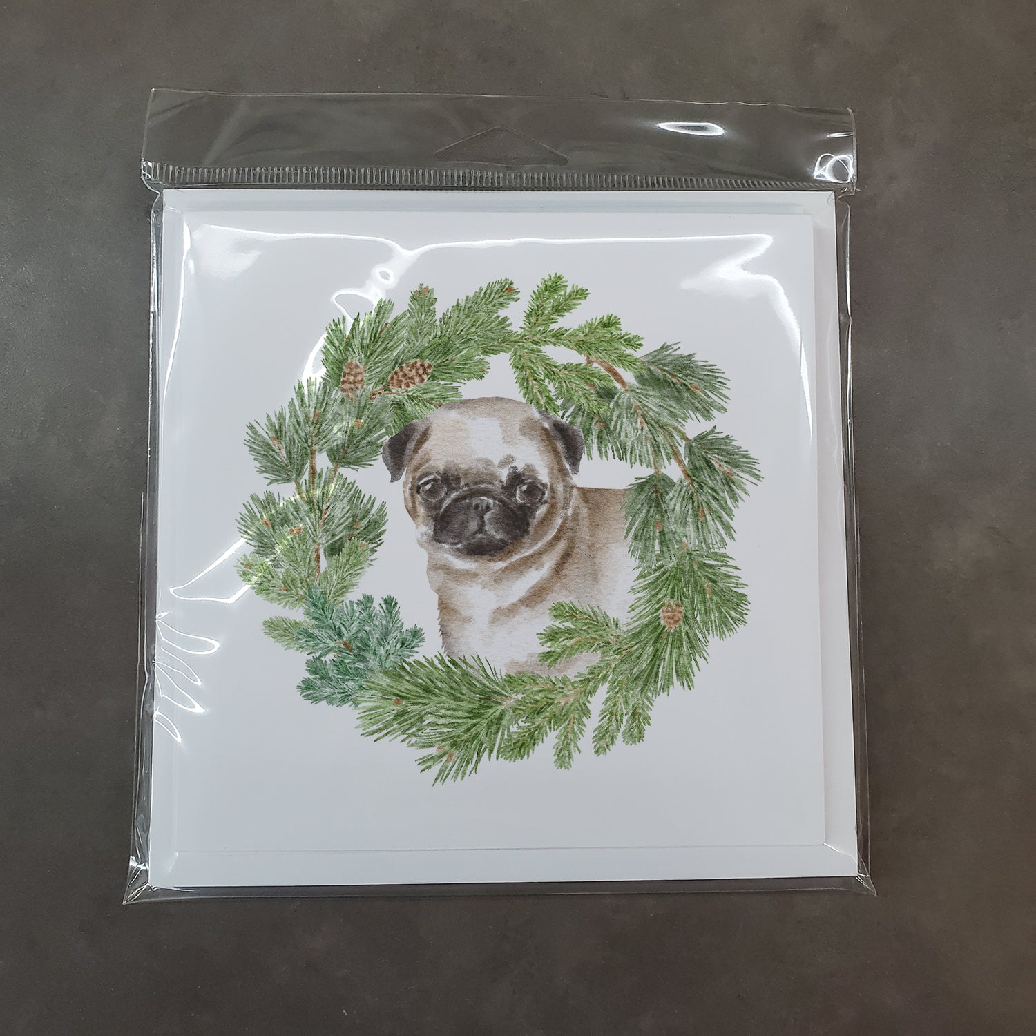 Pug Puppy Fawn with Christmas Wreath Square Greeting Cards and Envelopes Pack of 8 - the-store.com