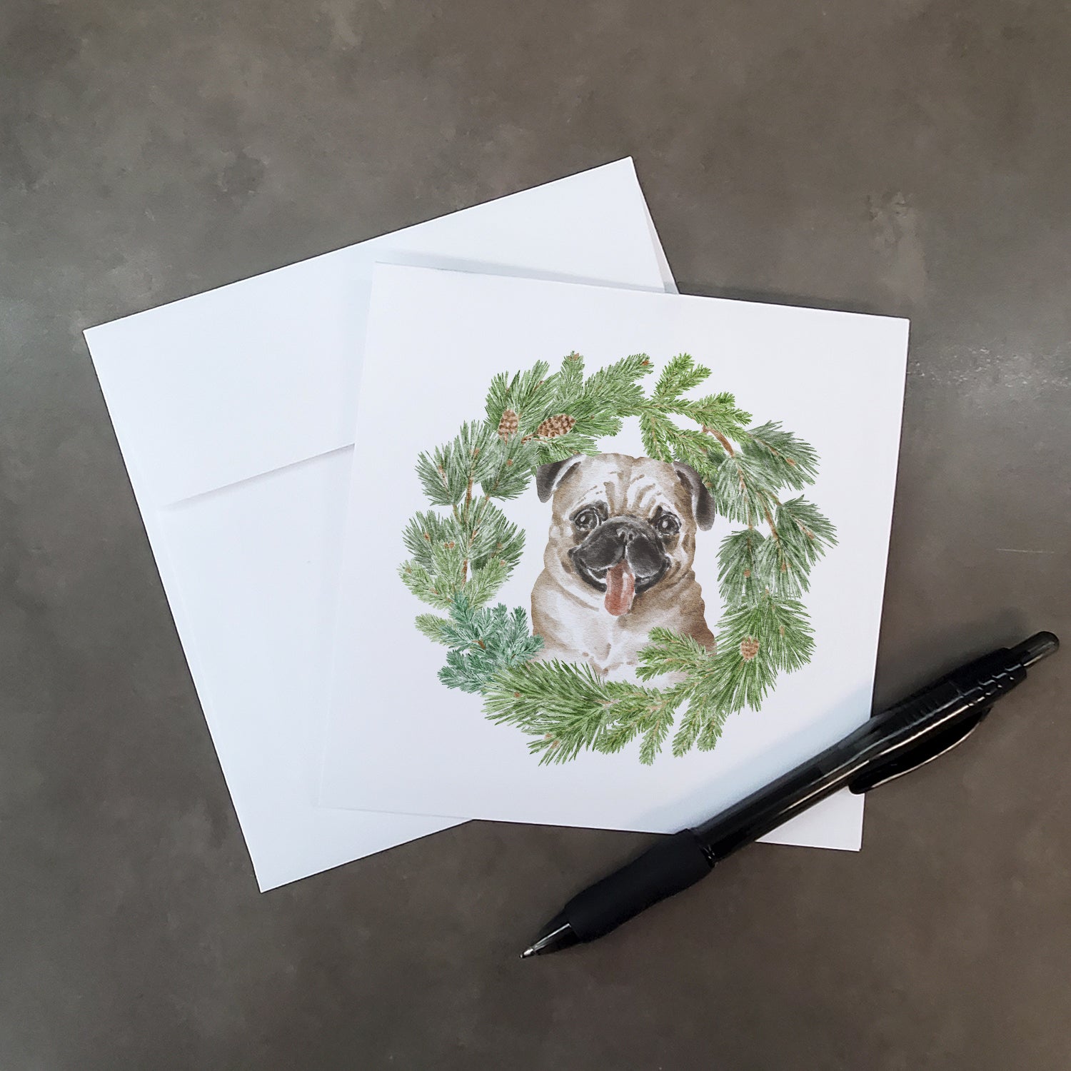 Buy this Pug Fawn with Christmas Wreath Square Greeting Cards and Envelopes Pack of 8