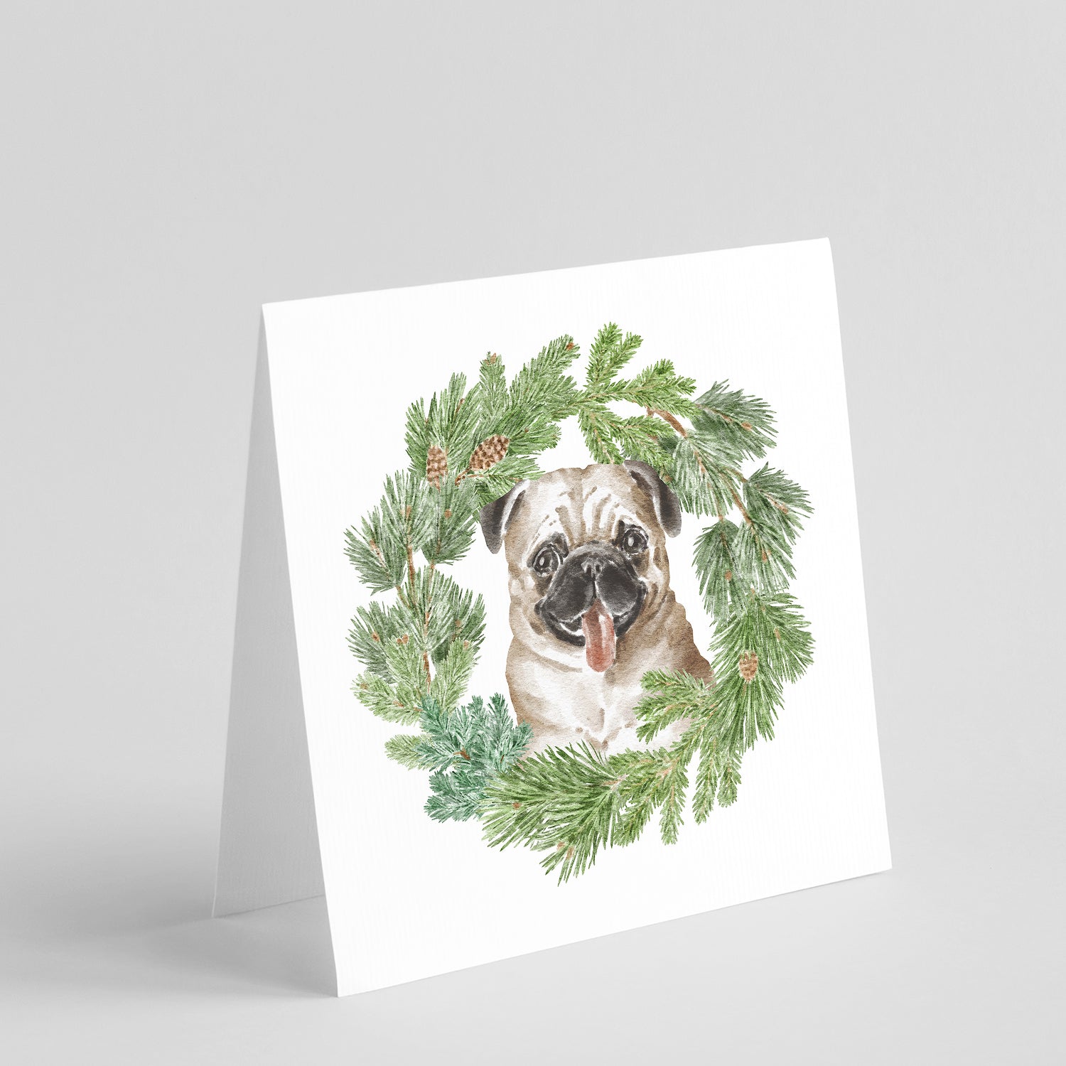 Buy this Pug Fawn with Christmas Wreath Square Greeting Cards and Envelopes Pack of 8