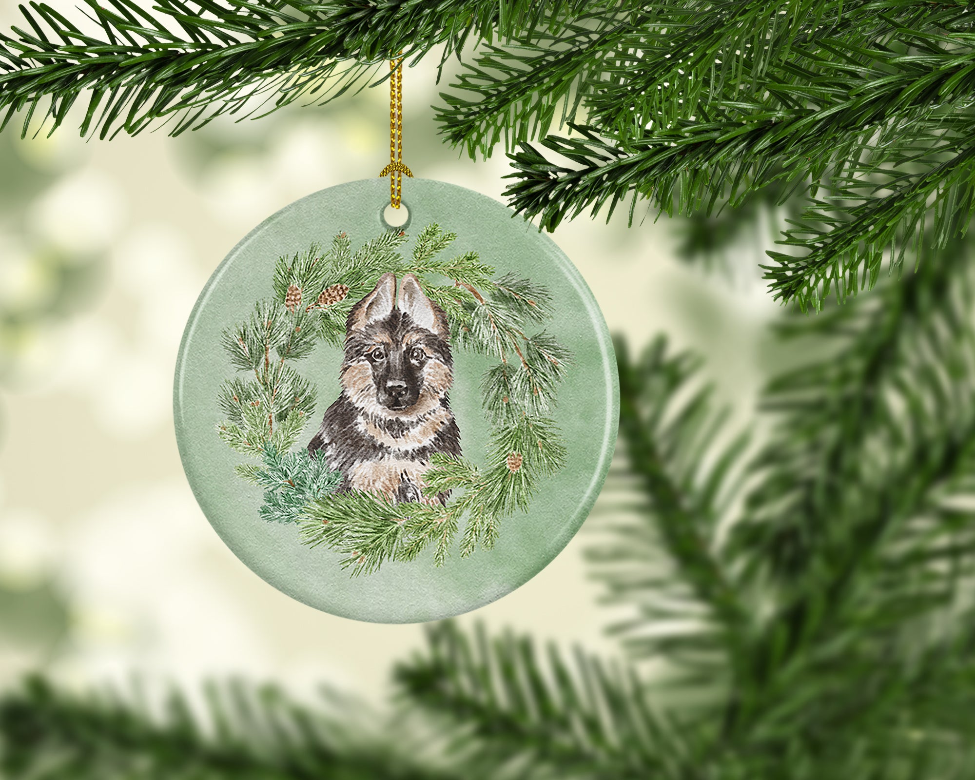 Buy this German Shepherd Puppy Christmas Wreath Ceramic Ornament