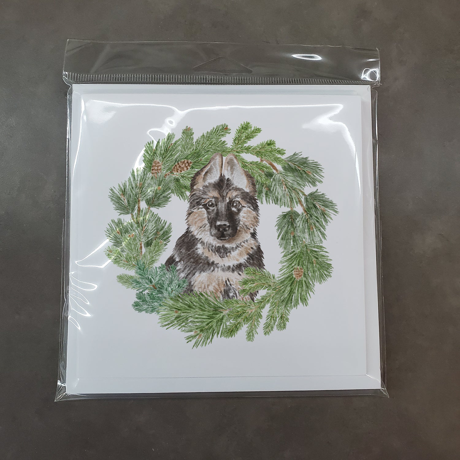 German Shepherd Puppy with Christmas Wreath Square Greeting Cards and Envelopes Pack of 8 - the-store.com