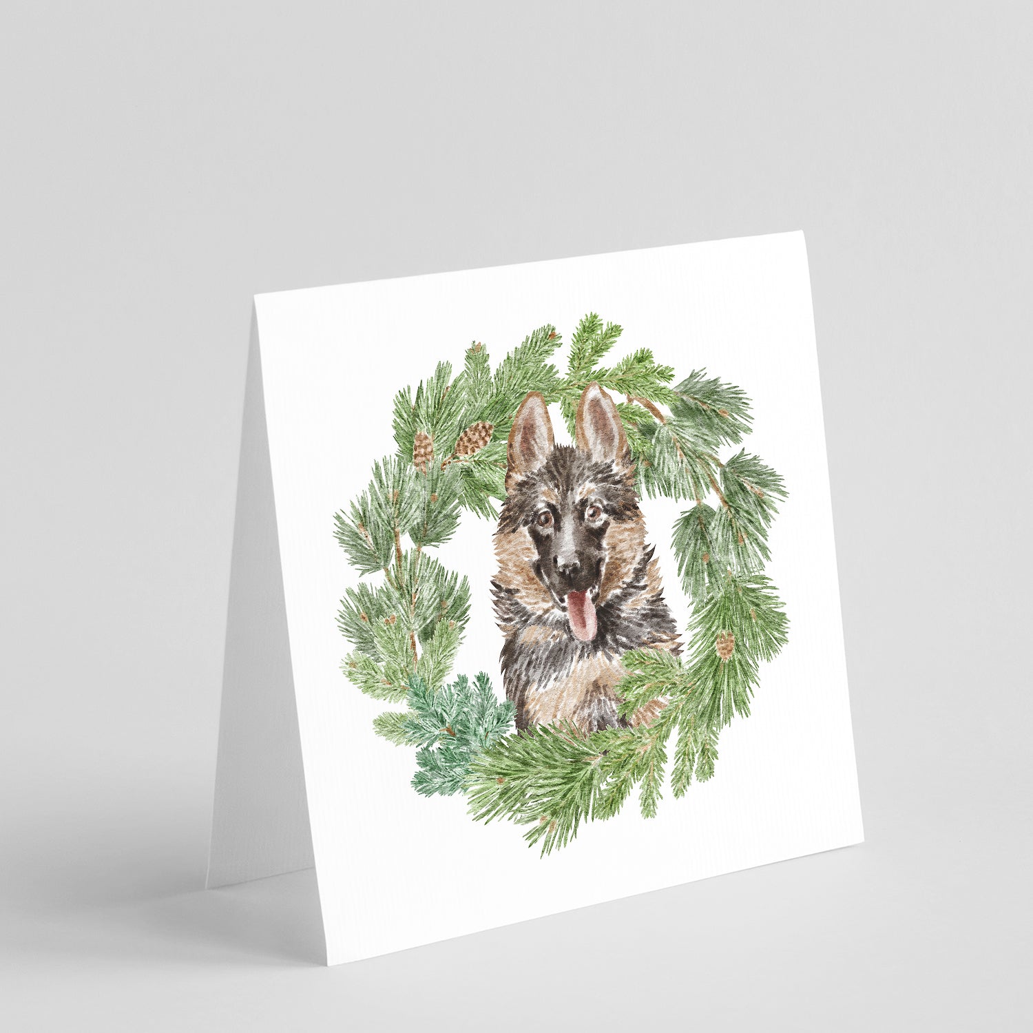 Buy this German Shepherd Puppy Smiling with Christmas Wreath Square Greeting Cards and Envelopes Pack of 8