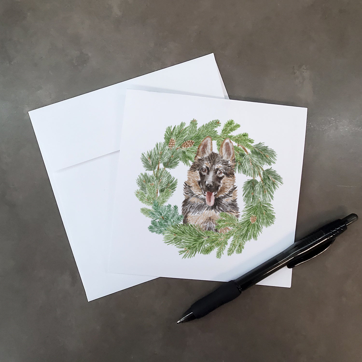 German Shepherd Puppy Smiling with Christmas Wreath Square Greeting Cards and Envelopes Pack of 8 - the-store.com