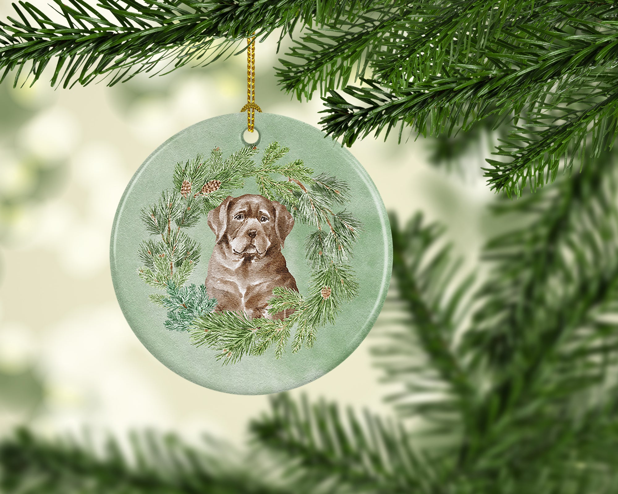 Buy this Labrador Retriever Puppy Chocolate Christmas Wreath Ceramic Ornament