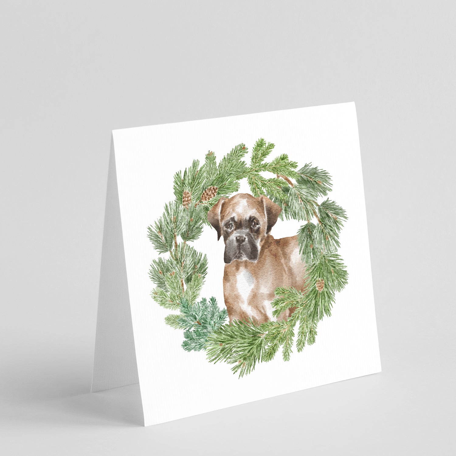 Buy this Boxer Puppy Fawn with Christmas Wreath Square Greeting Cards and Envelopes Pack of 8