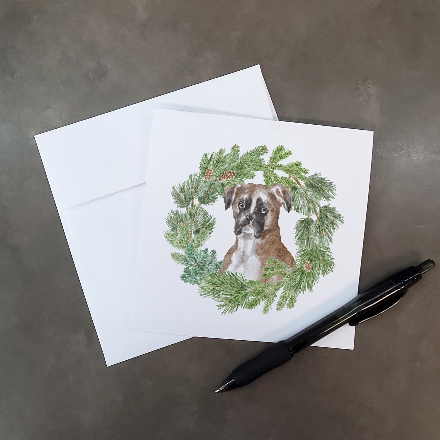 Buy this Boxer Fawn with Christmas Wreath Square Greeting Cards and Envelopes Pack of 8