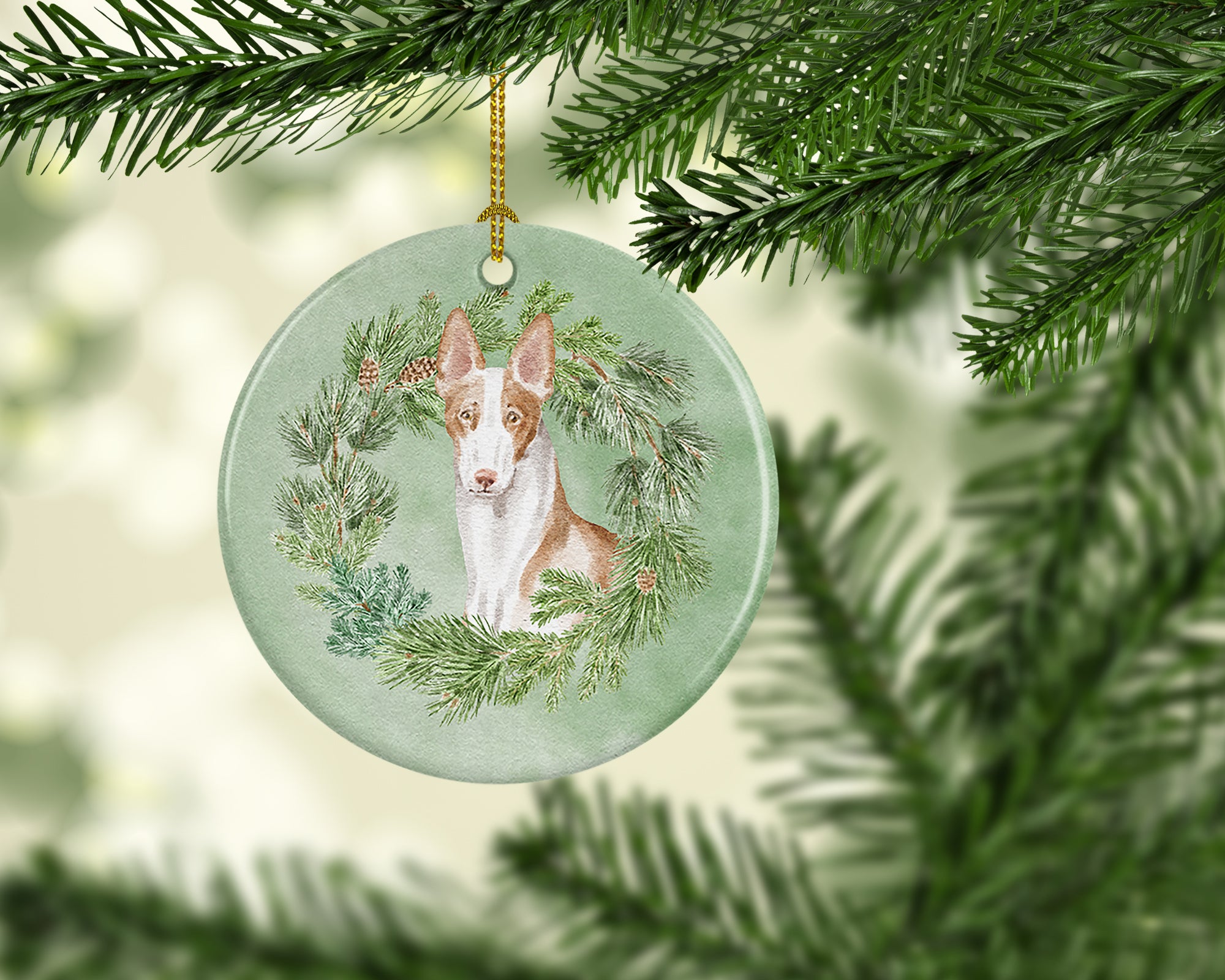 Ibizan Hound Sitting Tall Christmas Wreath Ceramic Ornament - the-store.com