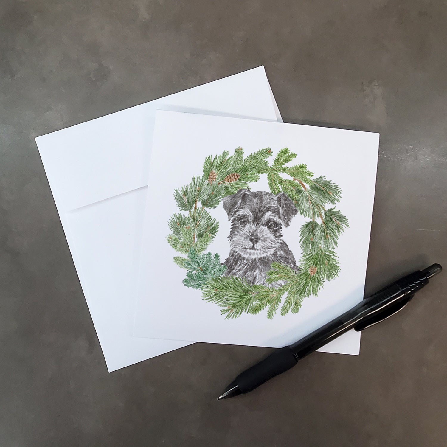 Schnauzer Puppy Black and Silver with Christmas Wreath Square Greeting Cards and Envelopes Pack of 8 - the-store.com