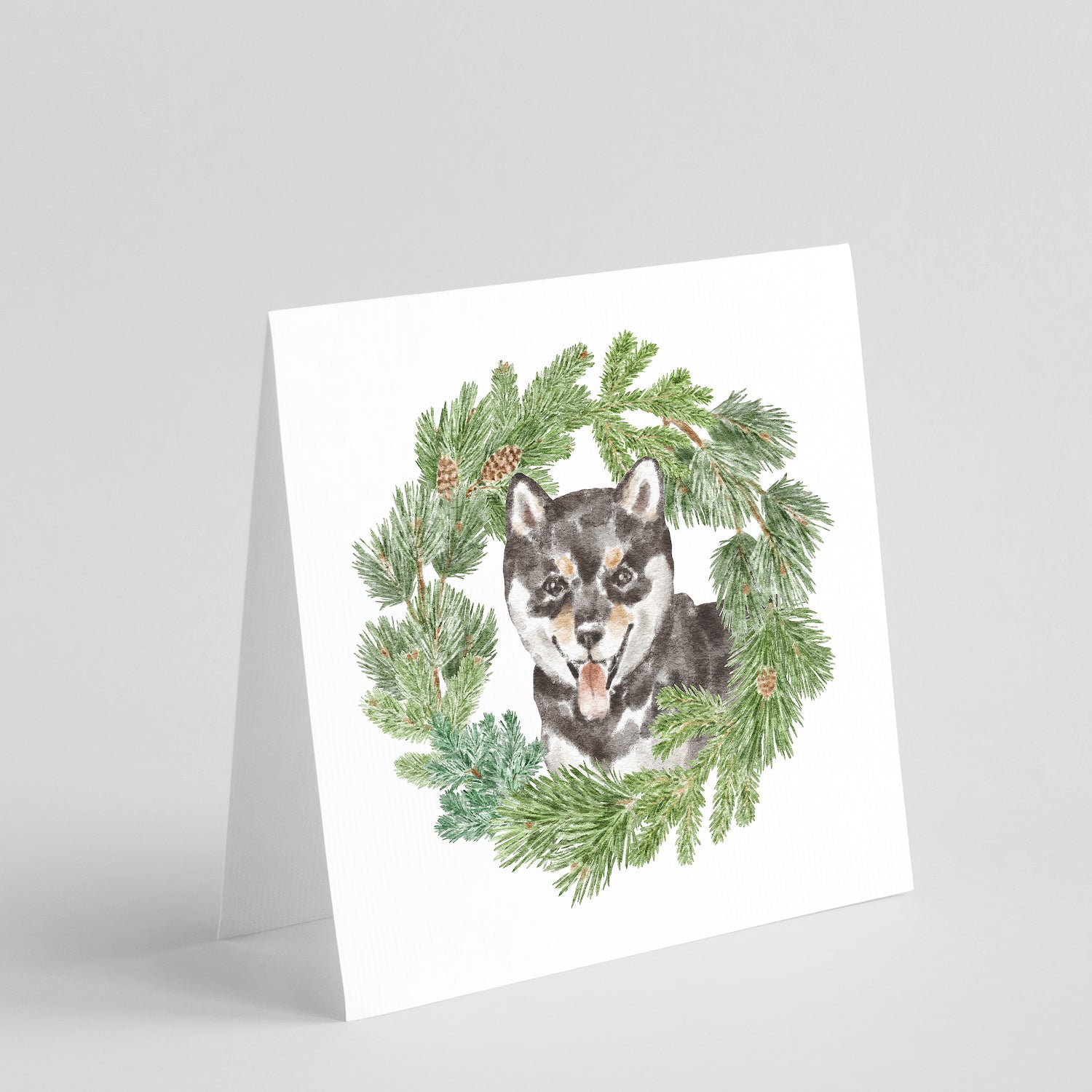 Buy this Shiba Inu Puppy Black Sesame with Christmas Wreath Square Greeting Cards and Envelopes Pack of 8