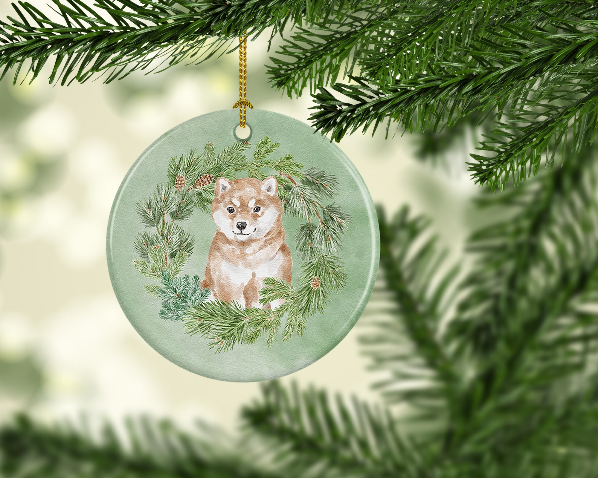 Buy this Shiba Inu Puppy Sitting Pretty Christmas Wreath Ceramic Ornament