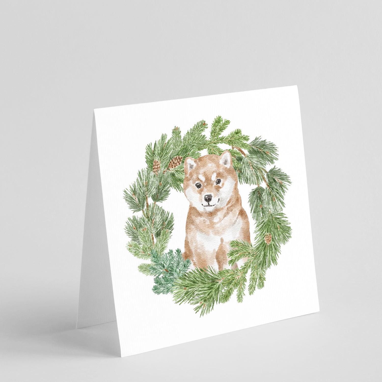 Buy this Shiba Inu Puppy Sitting Pretty with Christmas Wreath Square Greeting Cards and Envelopes Pack of 8