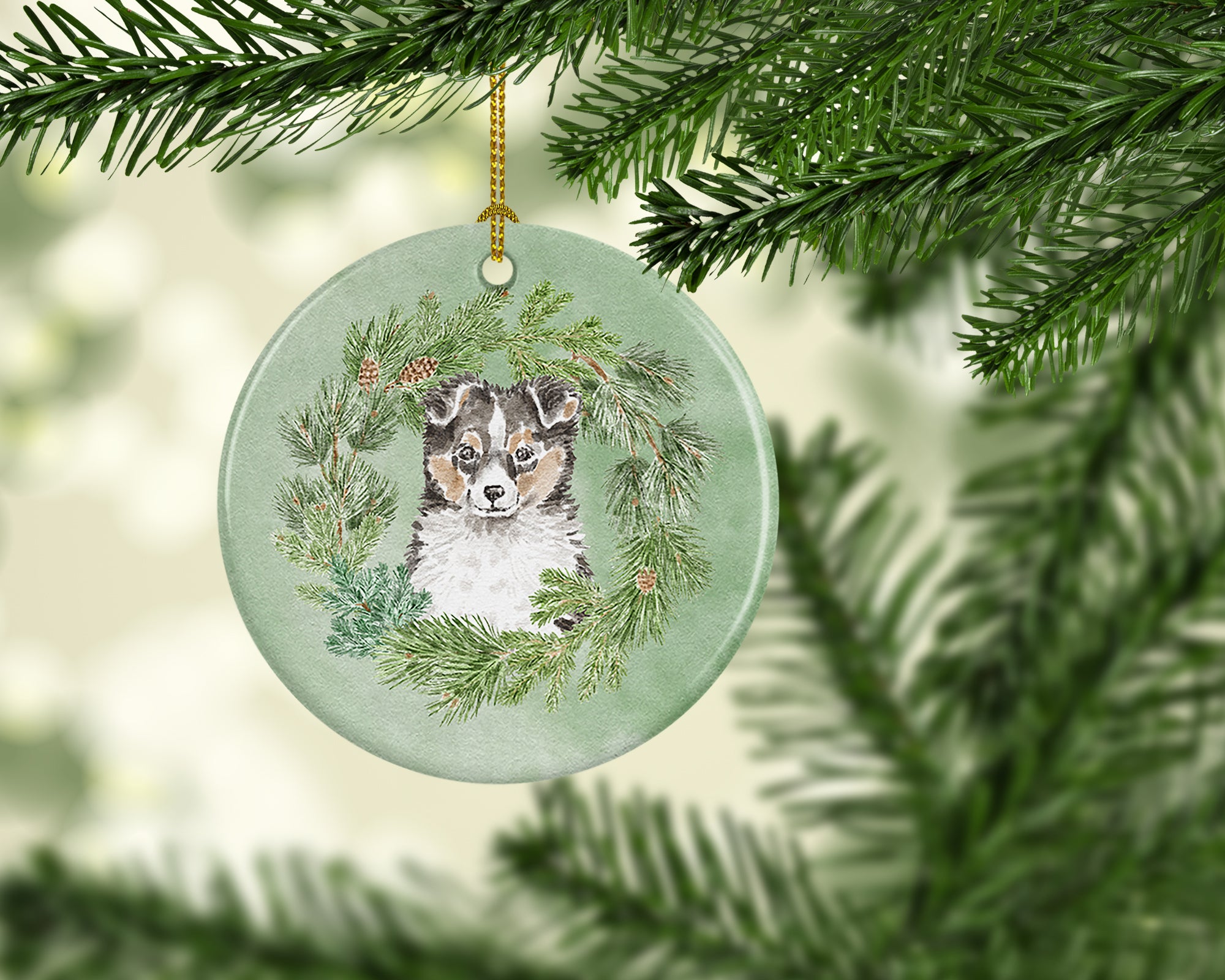 Buy this Sheltie/Shetland Sheepdog Puppy Tricolor  Christmas Wreath Ceramic Ornament