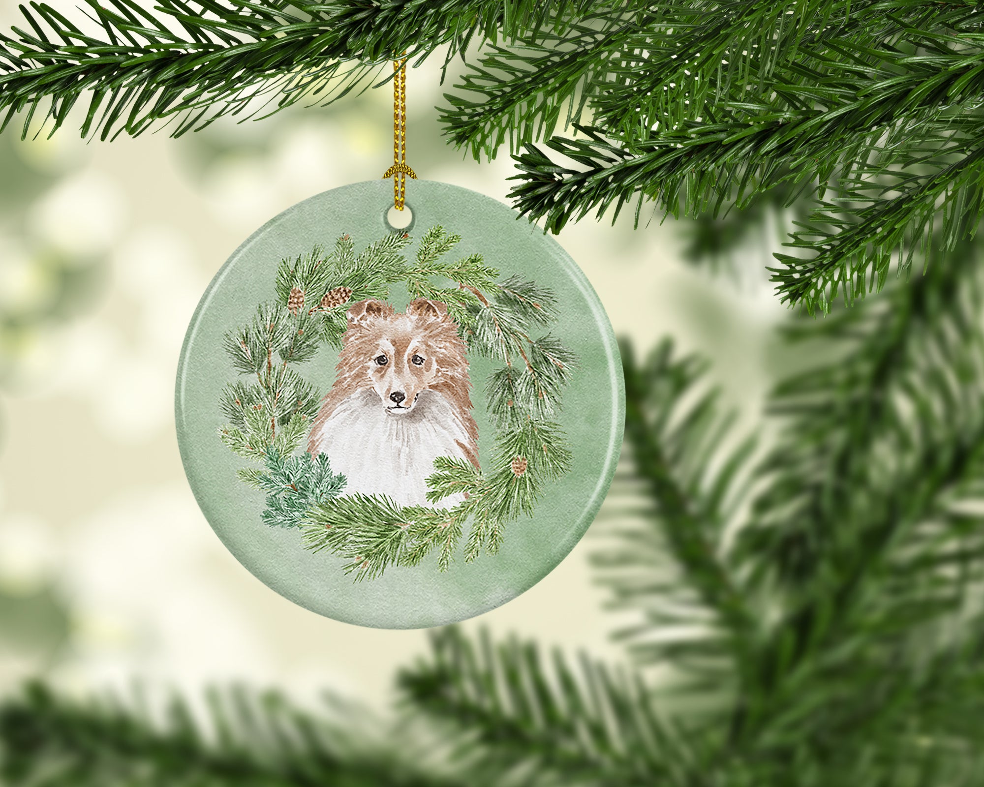 Buy this Sheltie/Shetland Sheepdog Adult Sable Christmas Wreath Ceramic Ornament