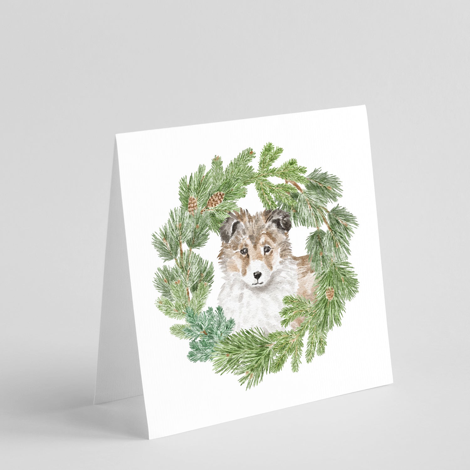 Buy this Sheltie/Shetland Sheepdog Puppy Sable with Christmas Wreath Square Greeting Cards and Envelopes Pack of 8