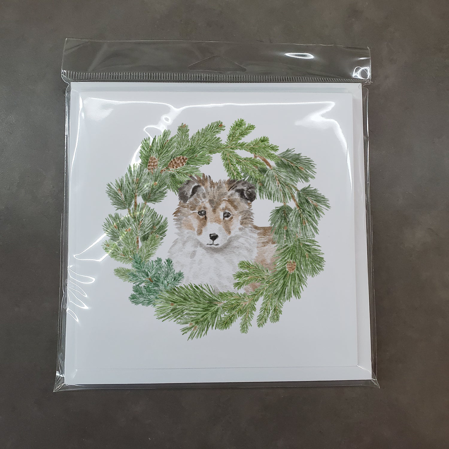 Sheltie/Shetland Sheepdog Puppy Sable with Christmas Wreath Square Greeting Cards and Envelopes Pack of 8 - the-store.com