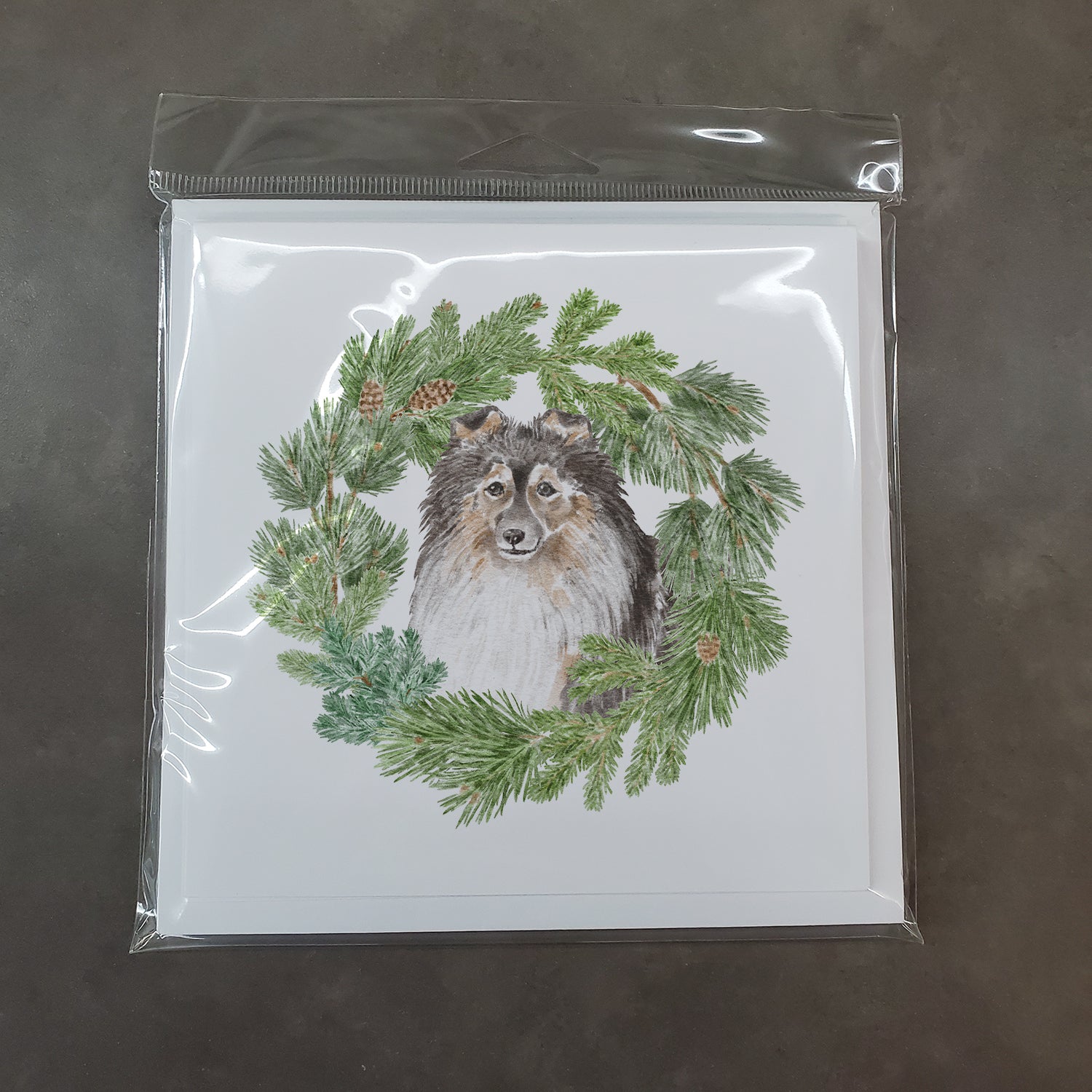 Sheltie/Shetland Sheepdog Tricolor Smiling #2 with Christmas Wreath Square Greeting Cards and Envelopes Pack of 8 - the-store.com
