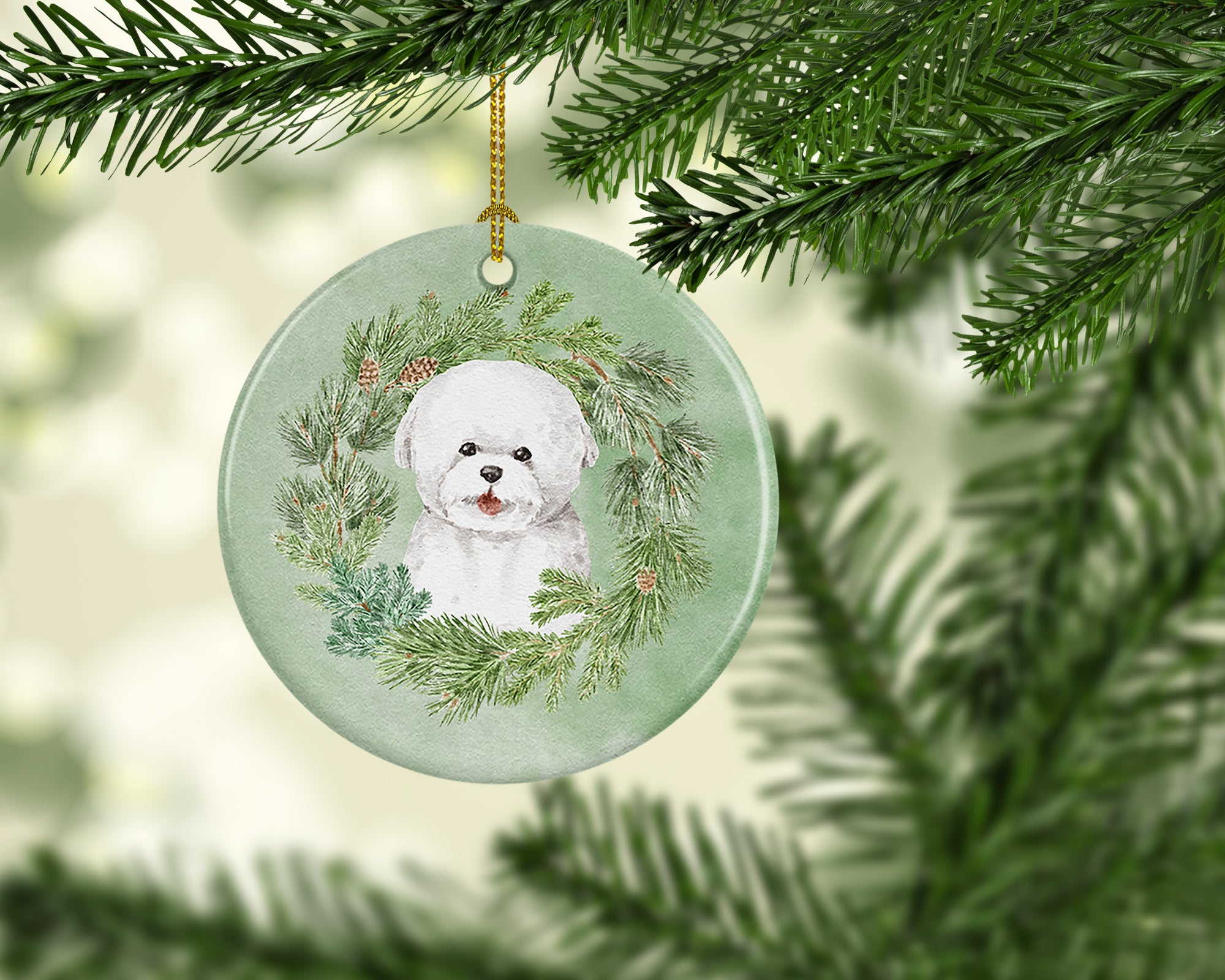 Buy this Bichon Frise Smiling Christmas Wreath Ceramic Ornament