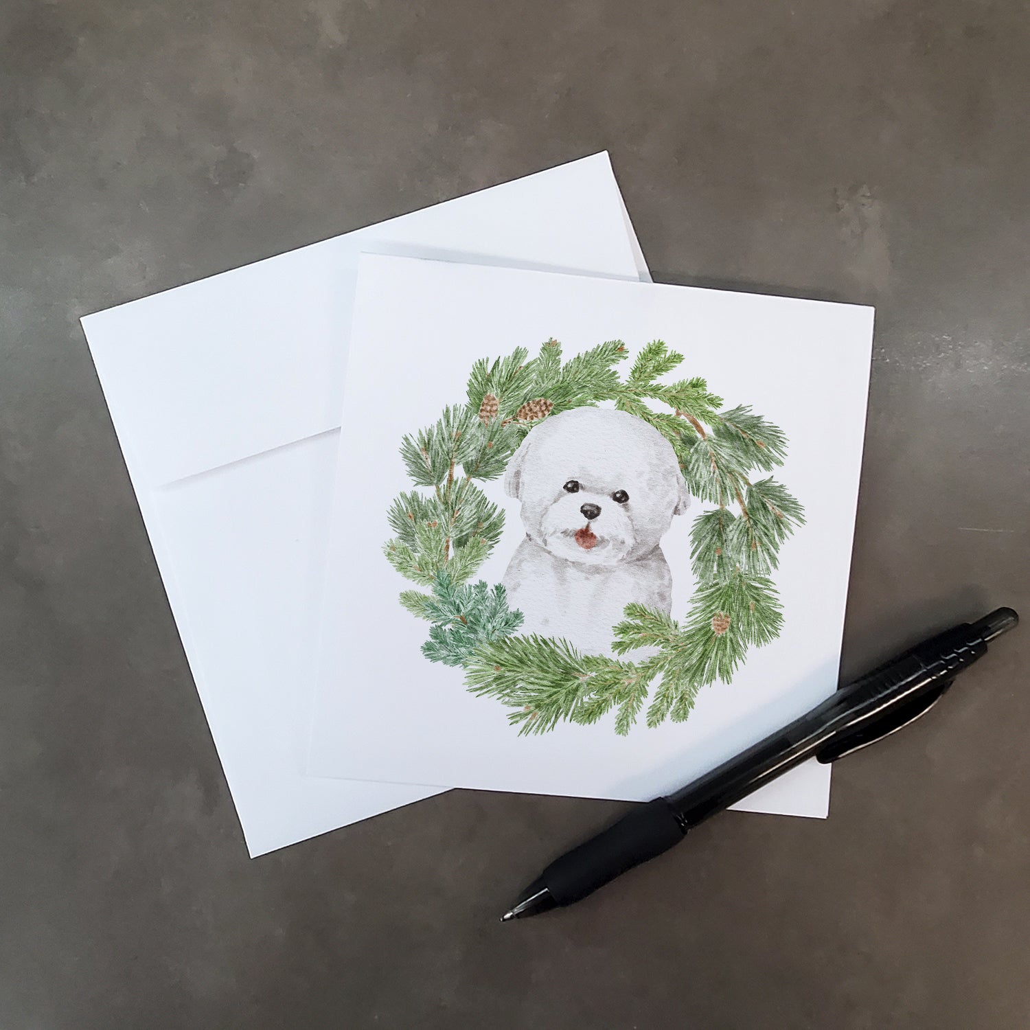 Buy this Bichon Frise Smiling with Christmas Wreath Square Greeting Cards and Envelopes Pack of 8