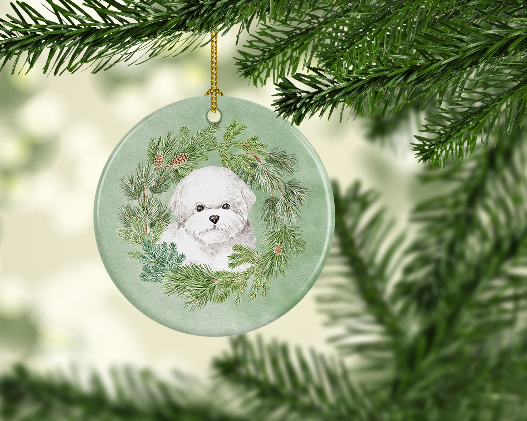 Bichon Frise Christmas Wreath Ceramic Ornament - the-store.com