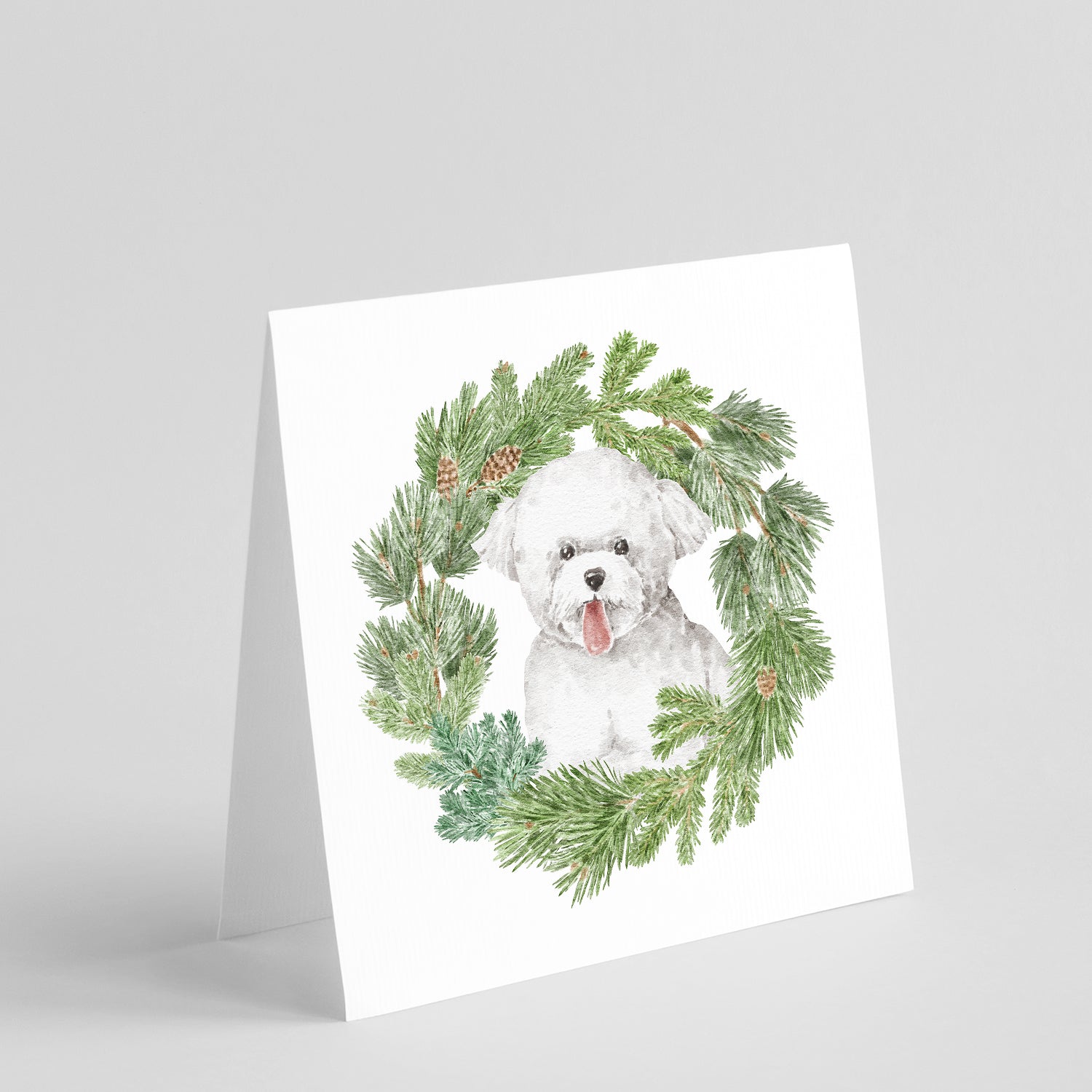 Buy this Bichon Frise Tongue Out with Christmas Wreath Square Greeting Cards and Envelopes Pack of 8