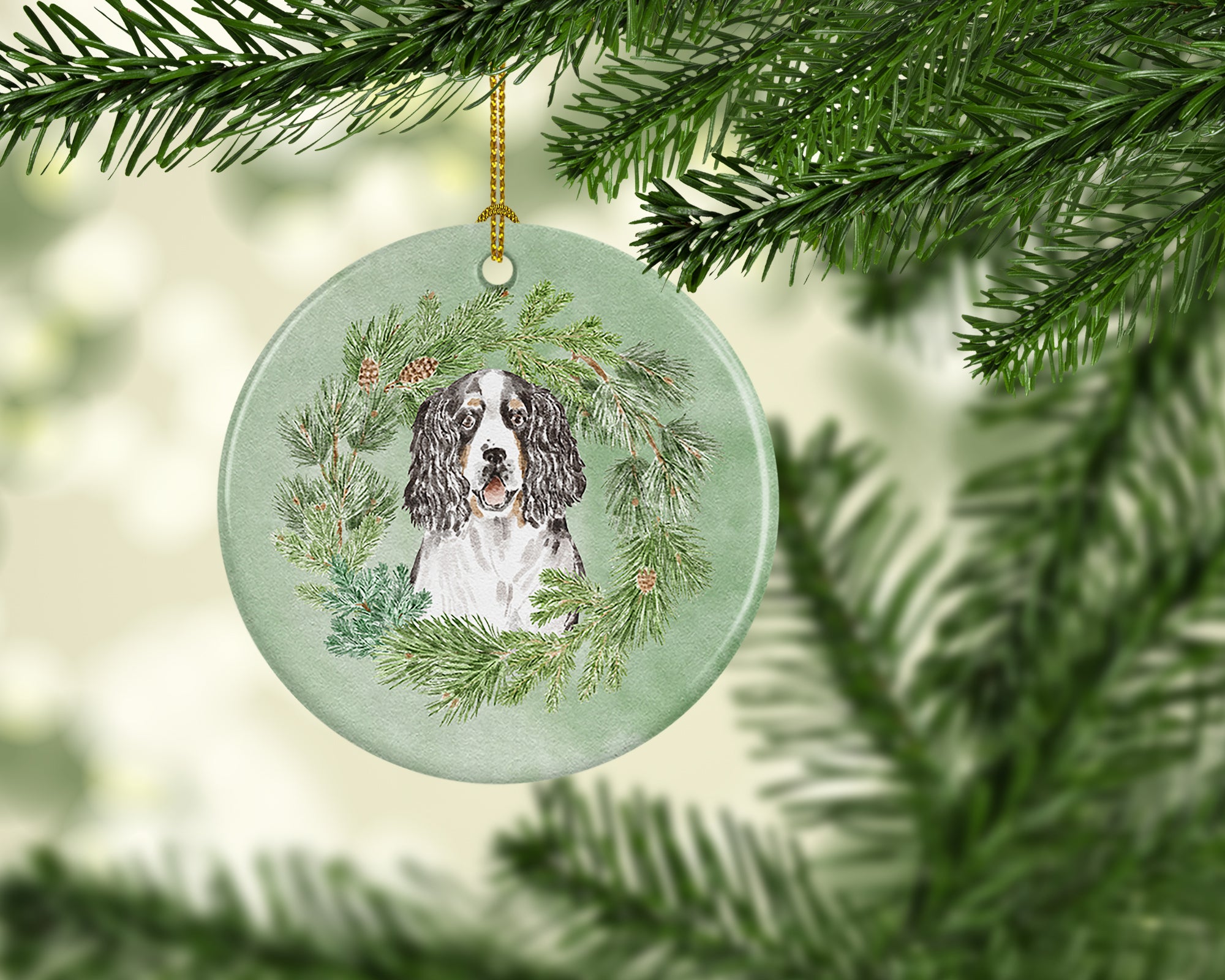 Buy this English Springer Spaniel Tricolor Christmas Wreath Ceramic Ornament