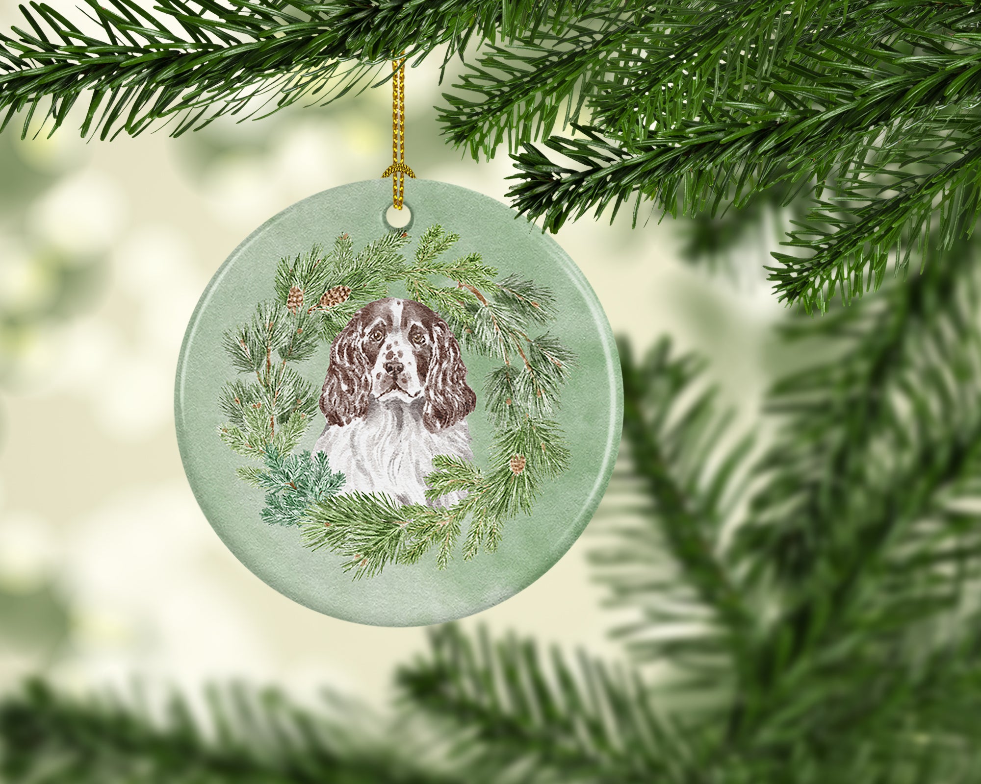 Buy this English Springer Spaniel Liver and White Christmas Wreath Ceramic Ornament