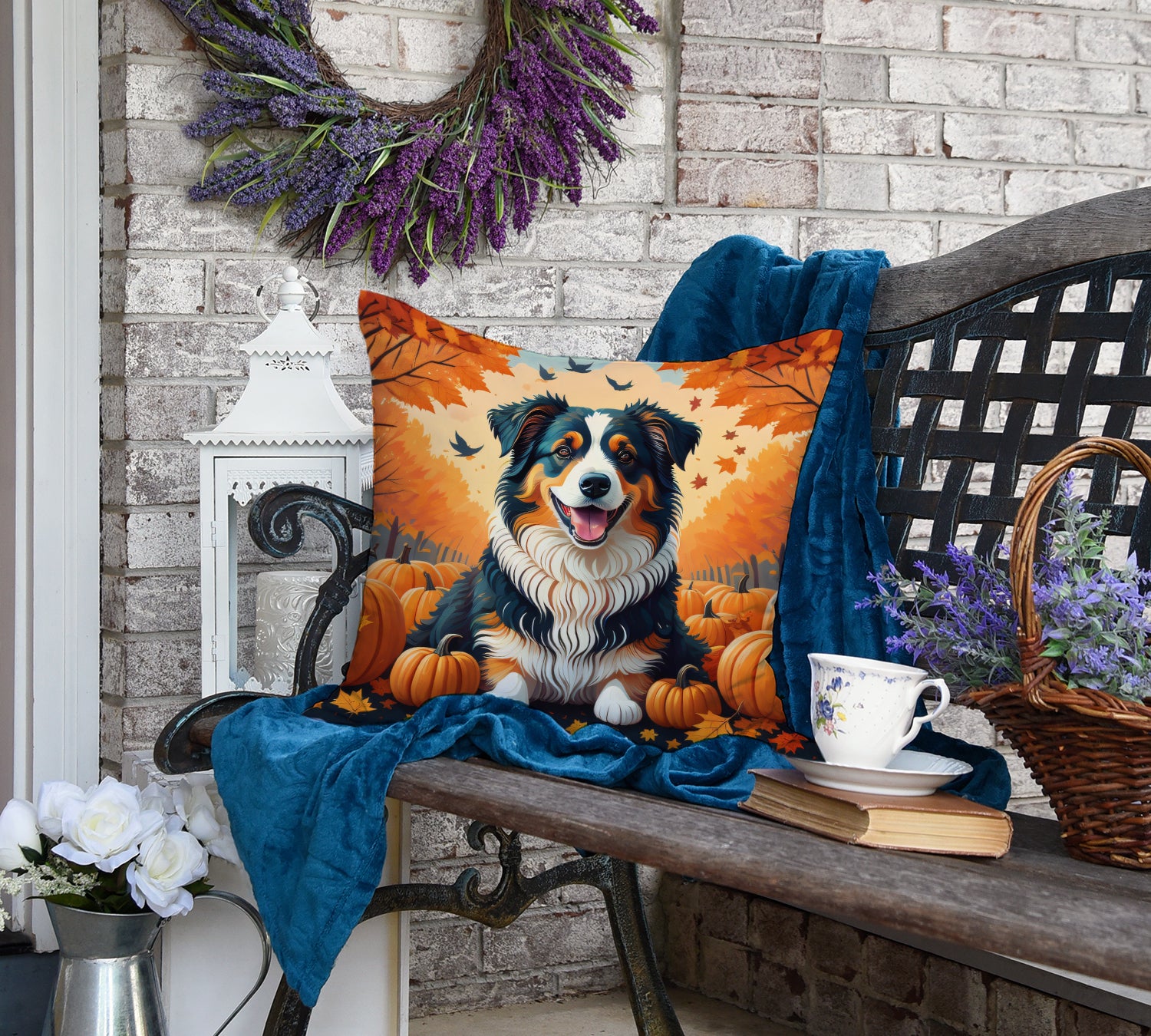 Australian Shepherd Terrier Fall Fabric Decorative Pillow