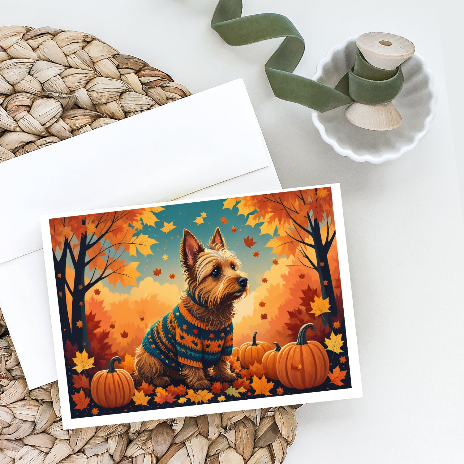 Australian Terrier Terrier Fall Greeting Cards and Envelopes Pack of 8  the-store.com.