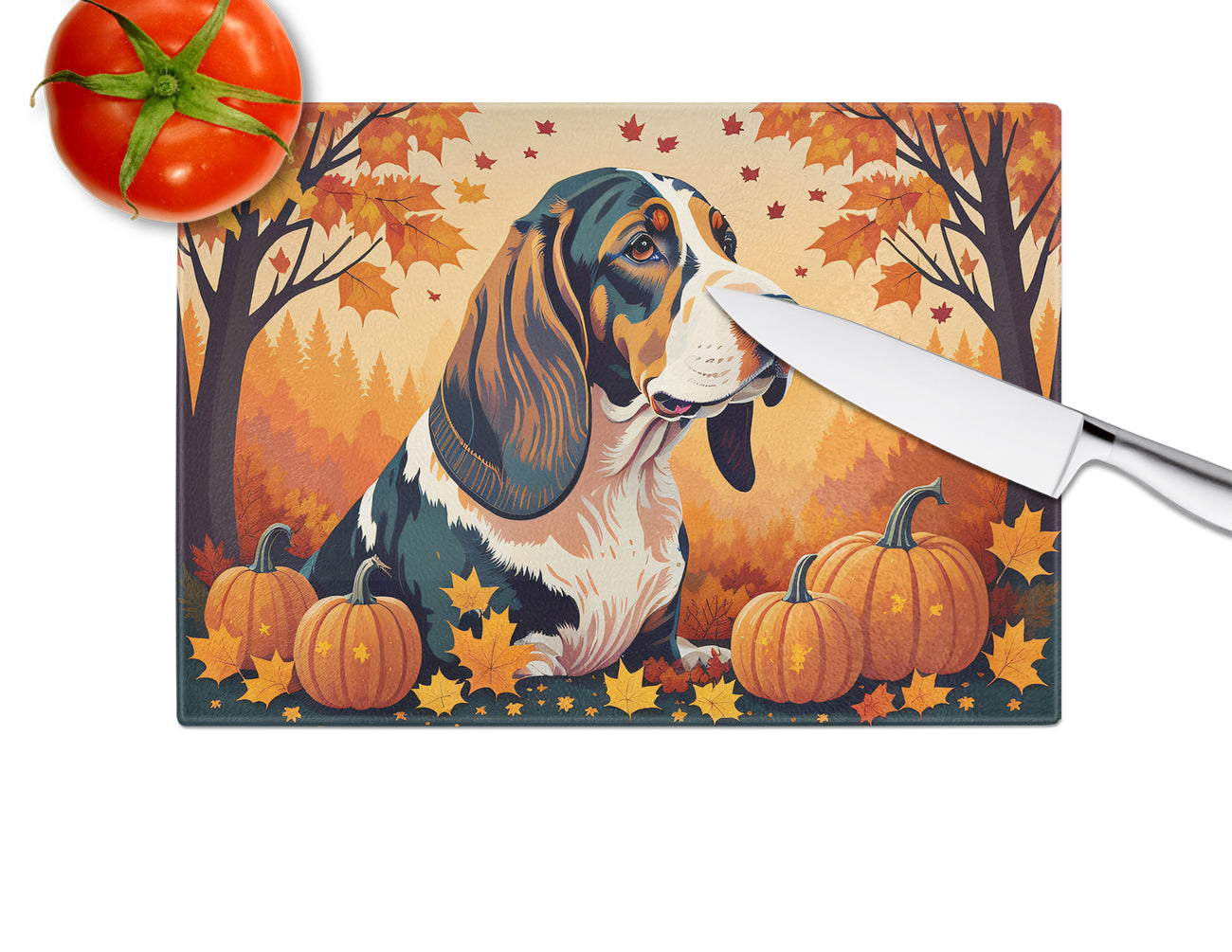 Basset Hound Fall Glass Cutting Board Large  the-store.com.