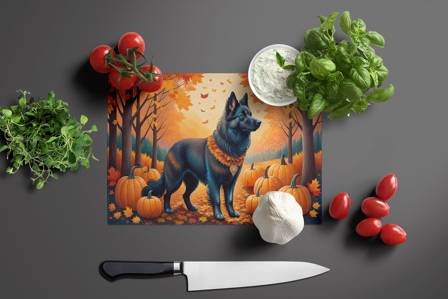 Belgian Sheepdog Fall Glass Cutting Board Large