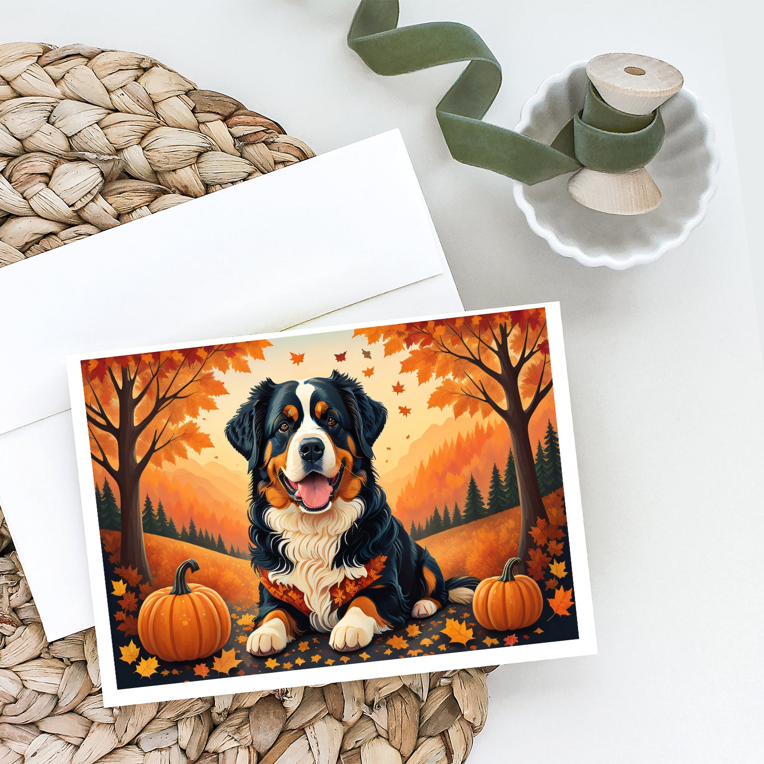 Bernese Mountain Dog Fall Greeting Cards and Envelopes Pack of 8  the-store.com.