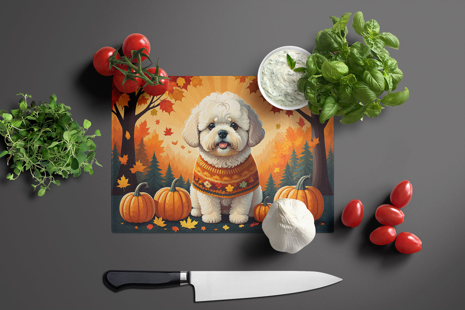 Bichon Frise Fall Glass Cutting Board Large