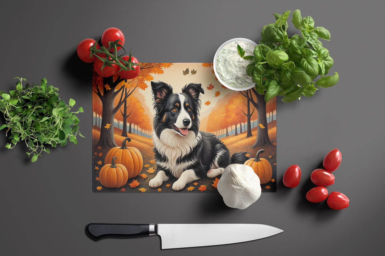 Border Collie Fall Glass Cutting Board Large  the-store.com.