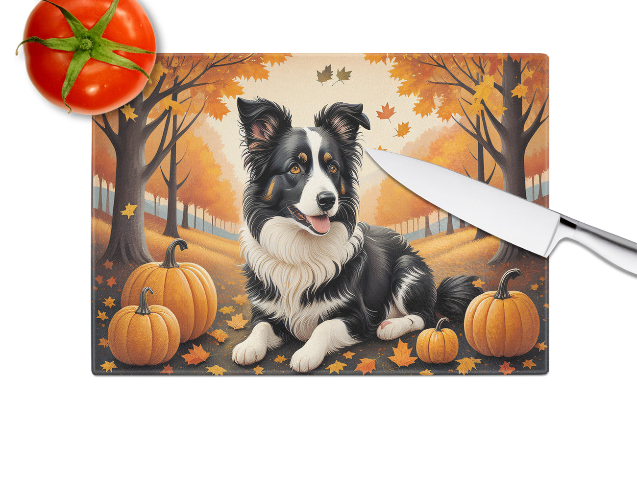 Border Collie Fall Glass Cutting Board Large  the-store.com.