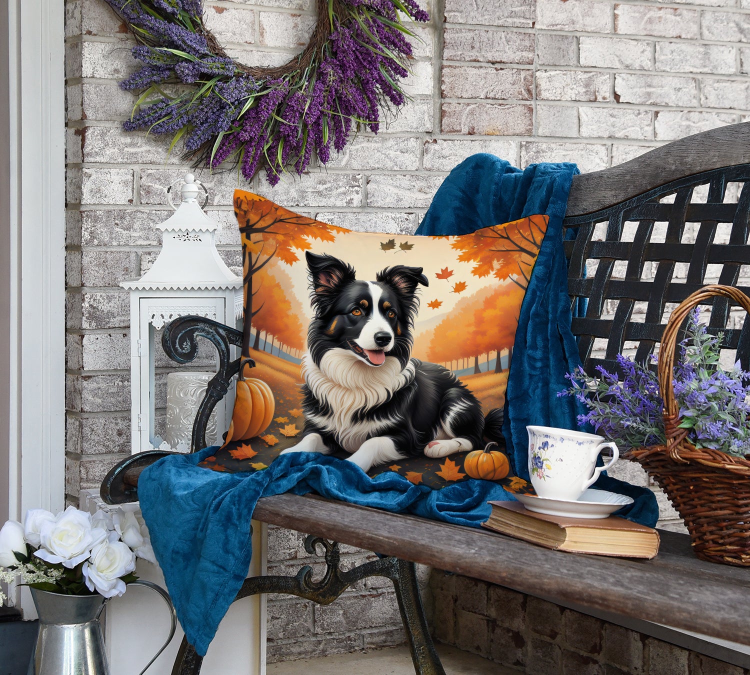 Border Collie Fall Fabric Decorative Pillow