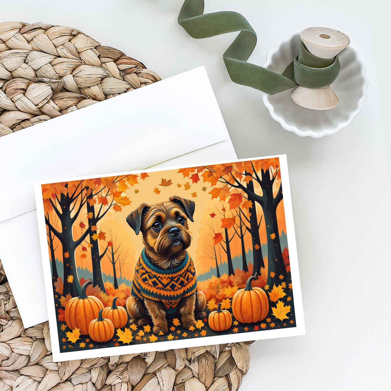 Border Terrier Fall Greeting Cards and Envelopes Pack of 8  the-store.com.