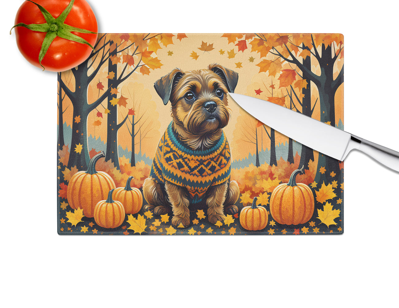 Border Terrier Fall Glass Cutting Board Large  the-store.com.