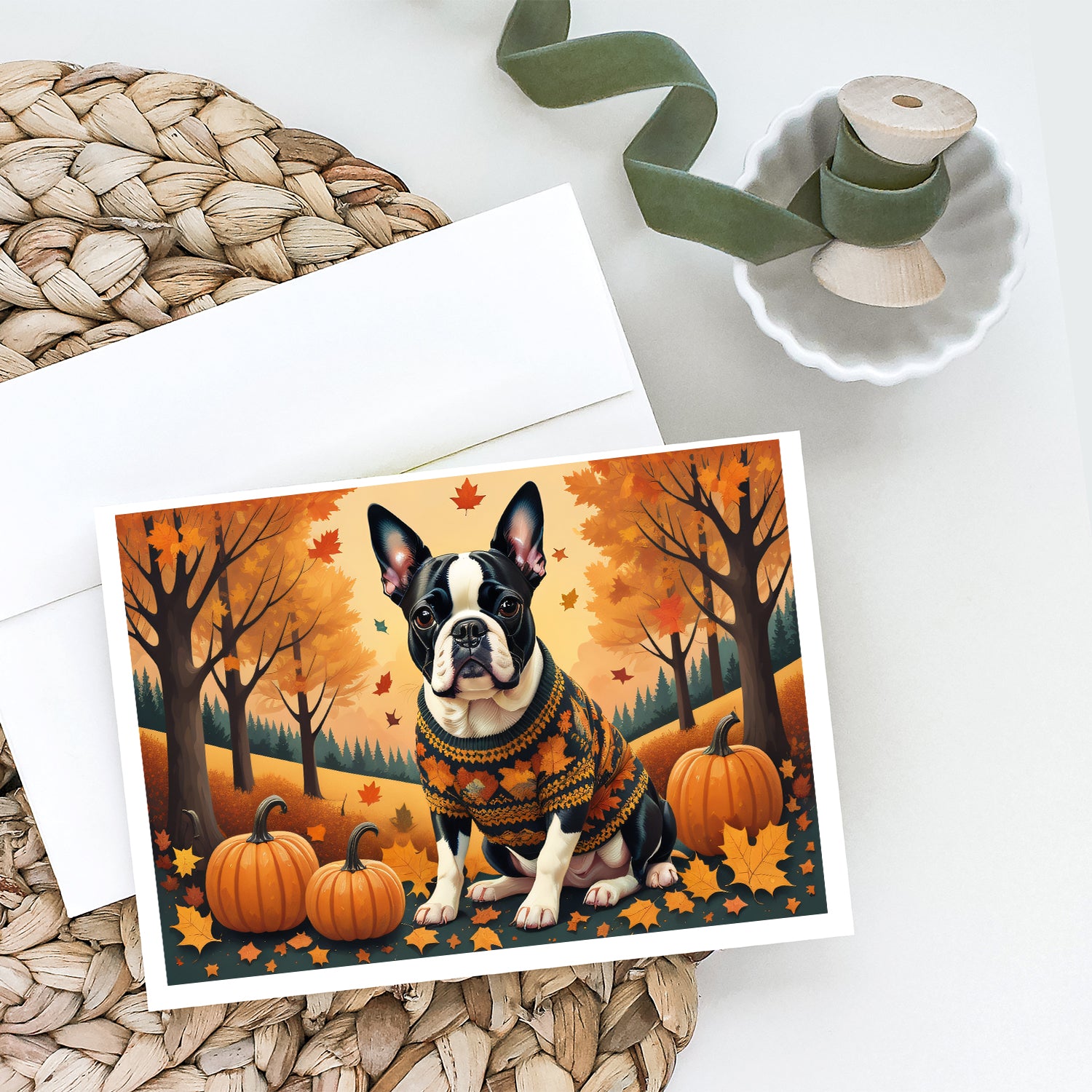 Boston Terrier Fall Greeting Cards and Envelopes Pack of 8  the-store.com.