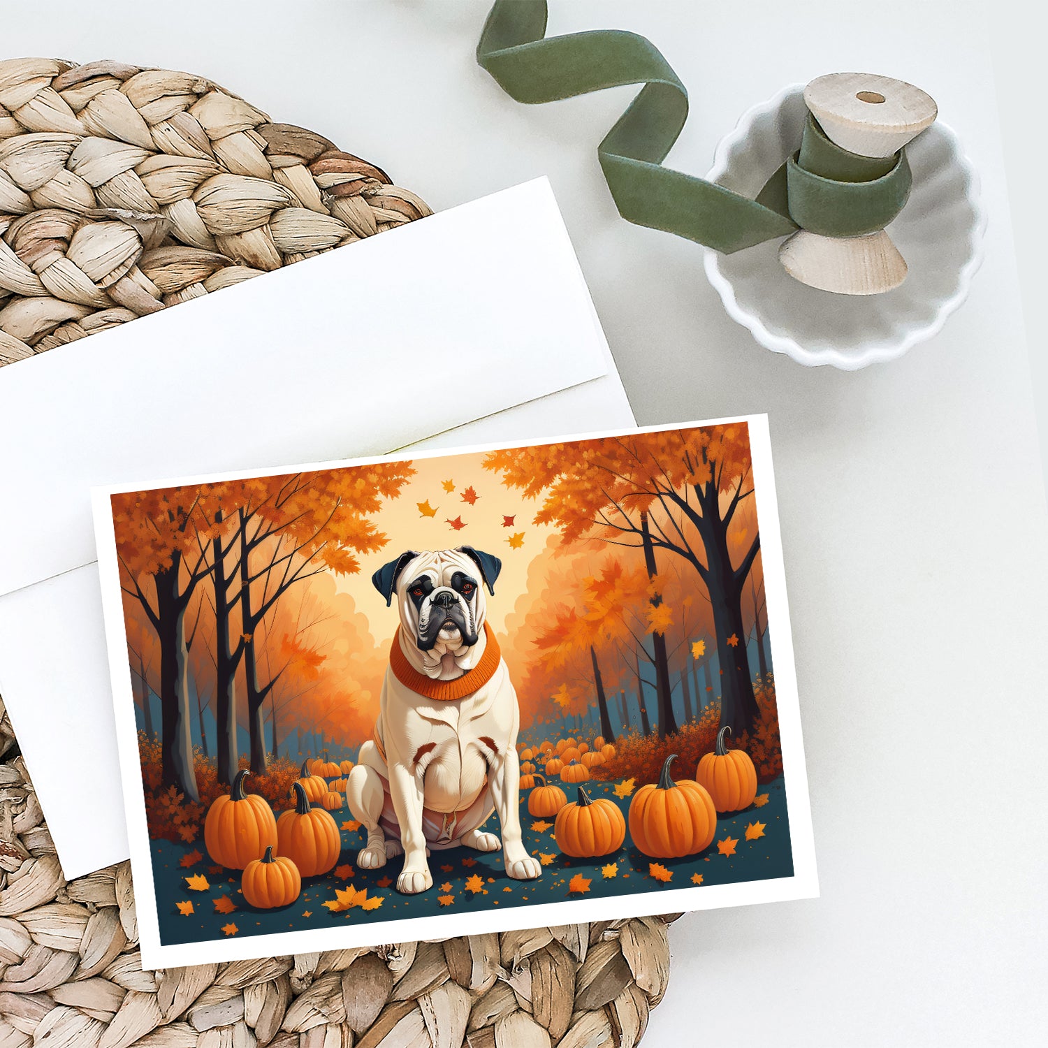 White Boxer Fall Greeting Cards and Envelopes Pack of 8  the-store.com.