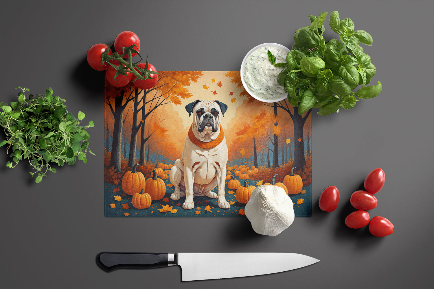 White Boxer Fall Glass Cutting Board Large  the-store.com.