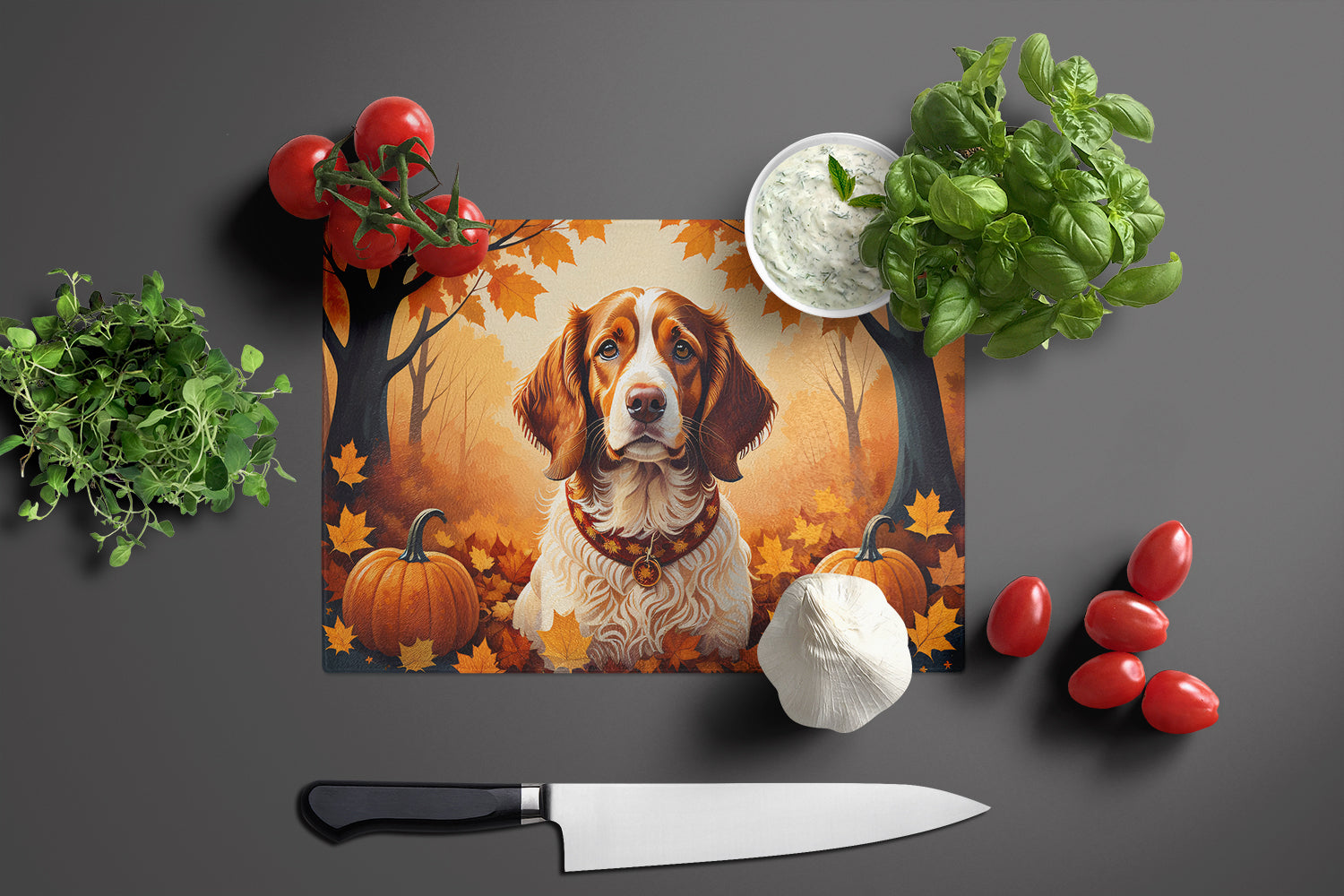 Brittany Spaniel Fall Glass Cutting Board Large  the-store.com.