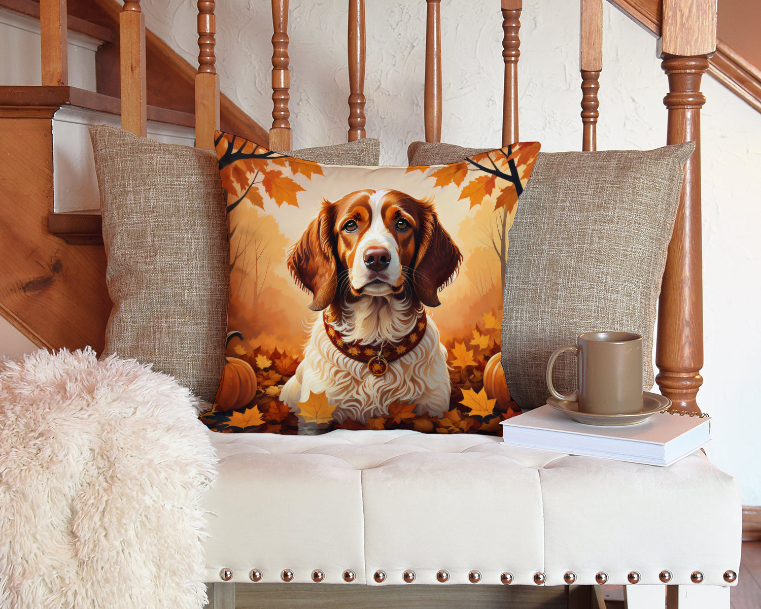 Brittany Spaniel Fall Fabric Decorative Pillow