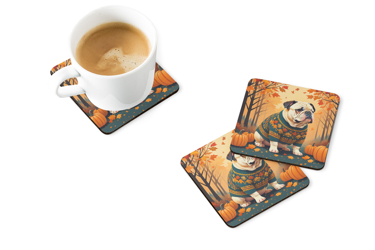 White English Bulldog Fall Foam Coaster Set of 4  the-store.com.