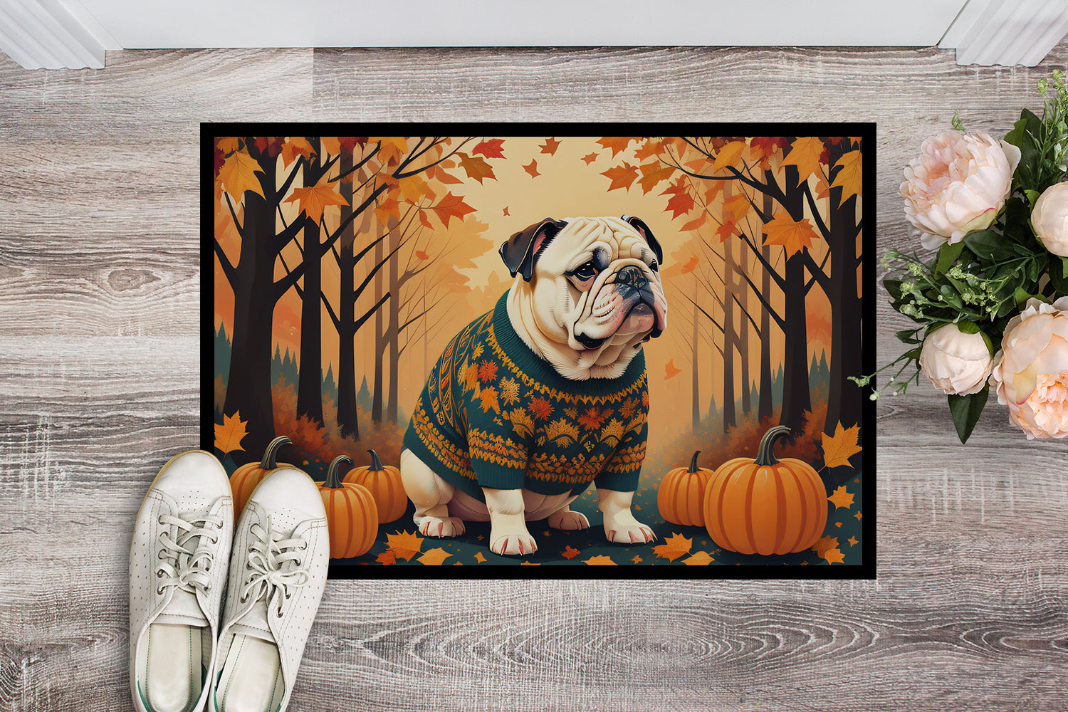 White English Bulldog Fall Indoor or Outdoor Mat 24x36