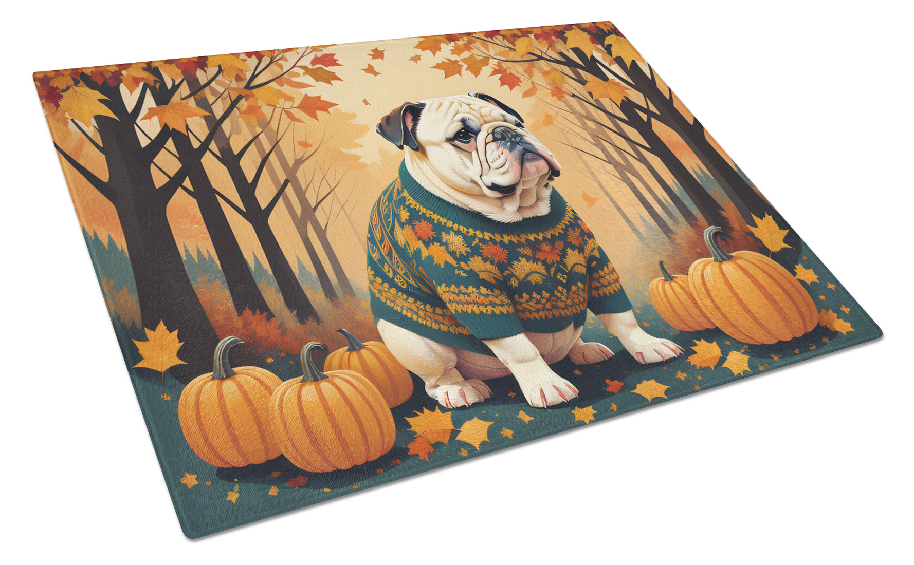 Buy this White English Bulldog Fall Glass Cutting Board Large