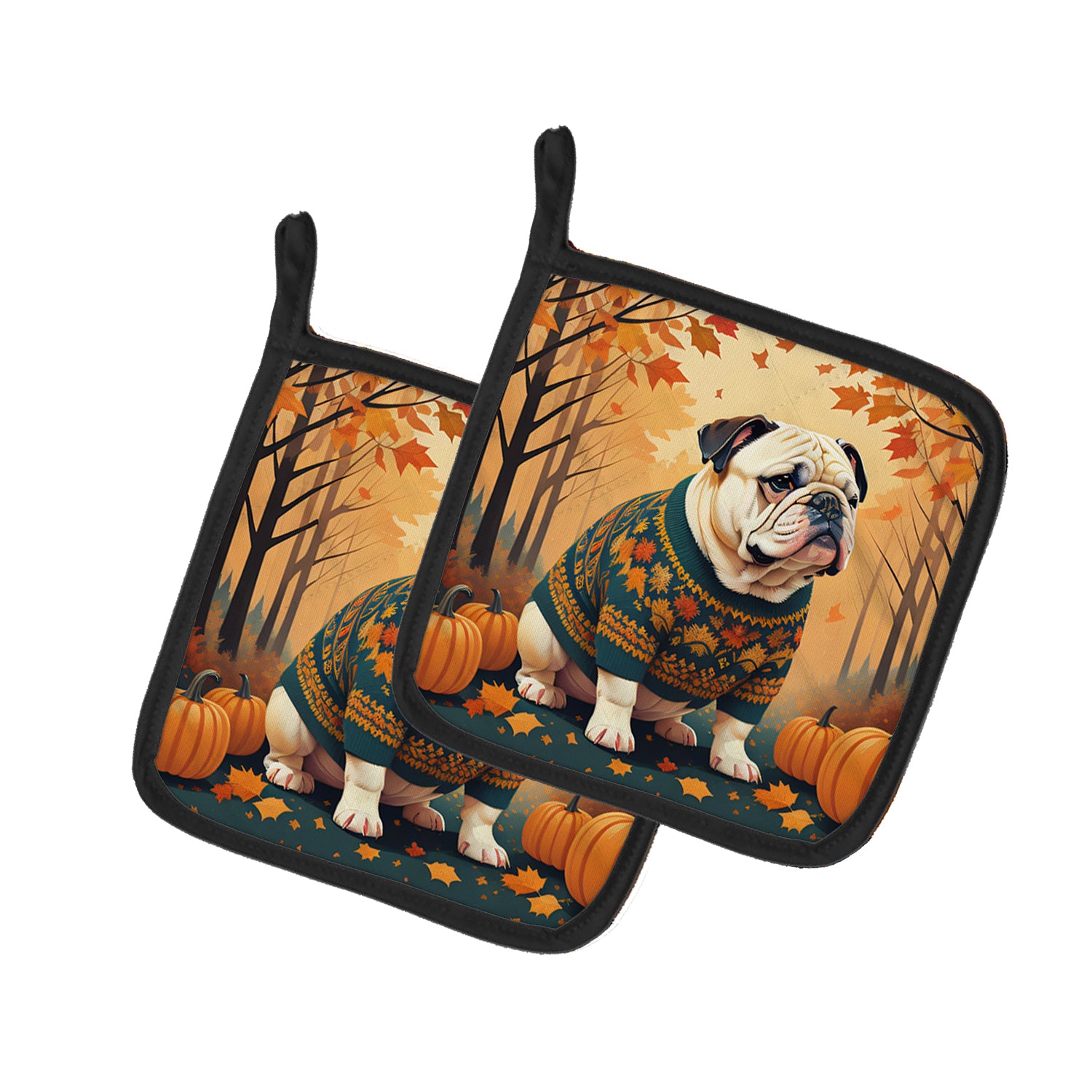 Buy this White English Bulldog Fall Pair of Pot Holders