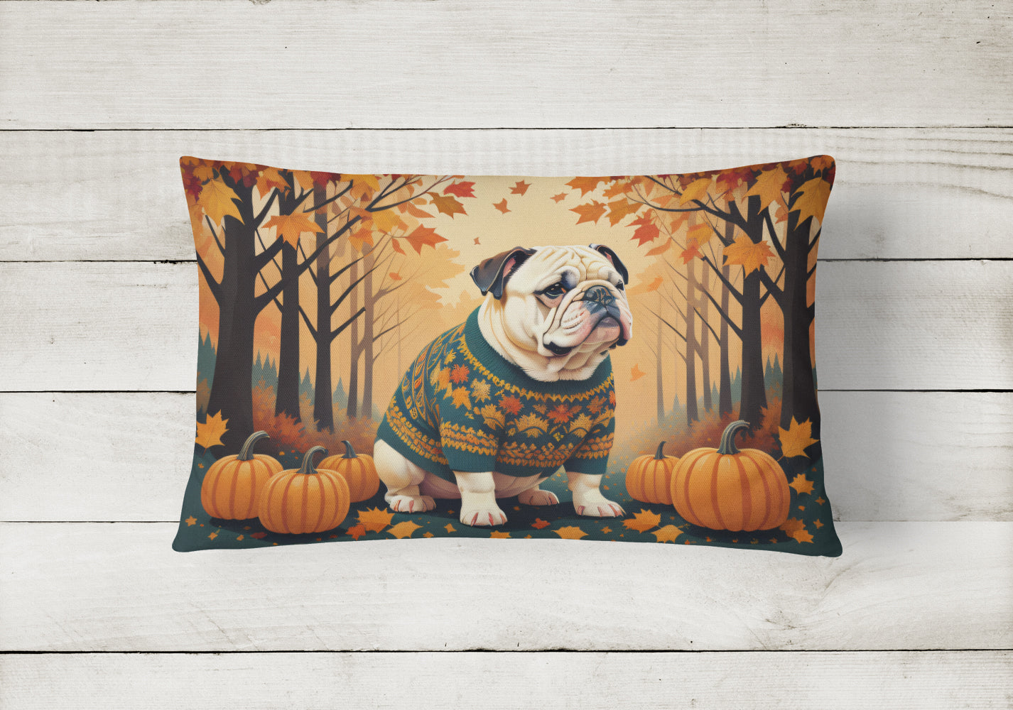 Buy this White English Bulldog Fall Fabric Decorative Pillow