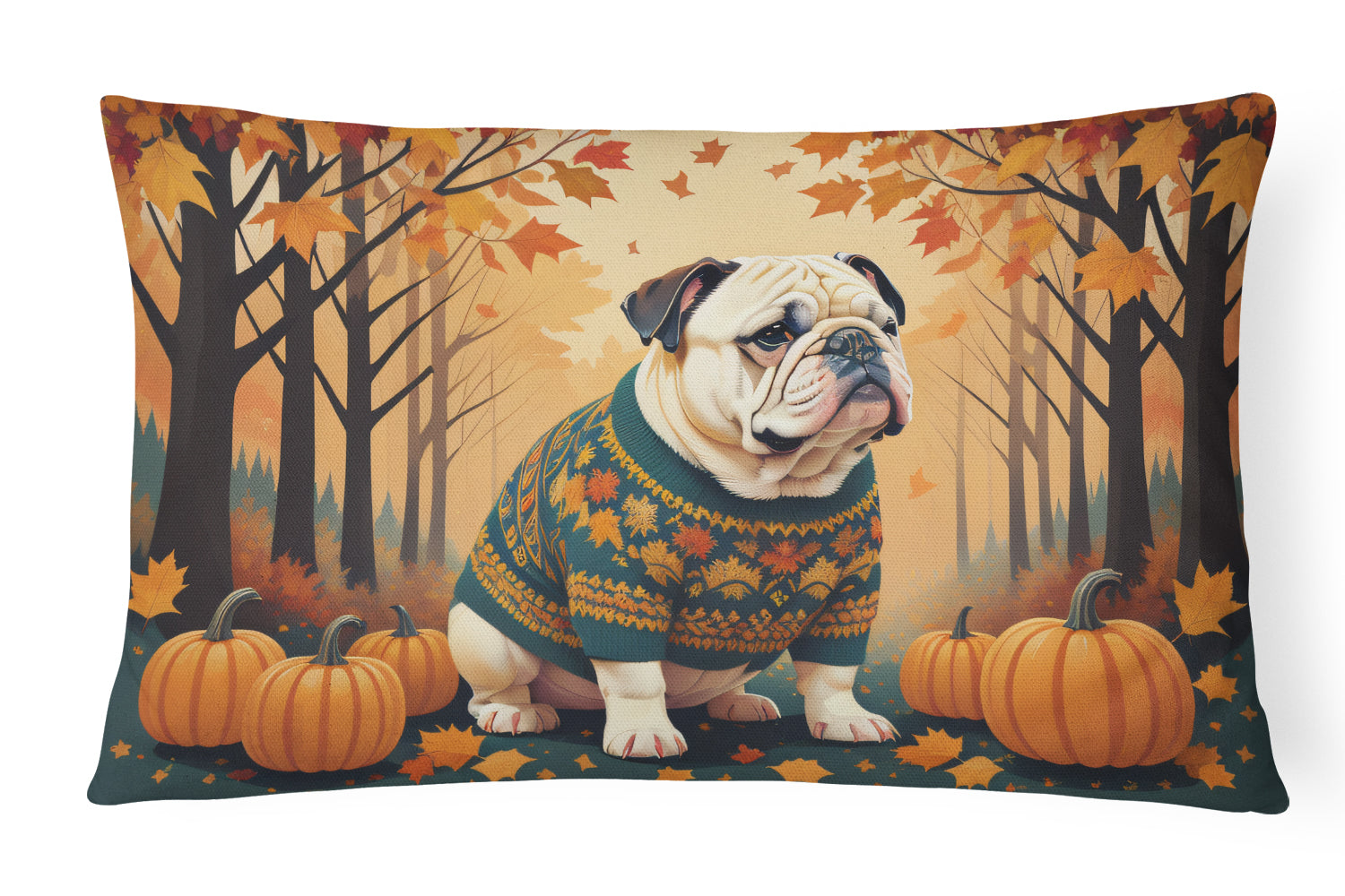 Buy this White English Bulldog Fall Fabric Decorative Pillow